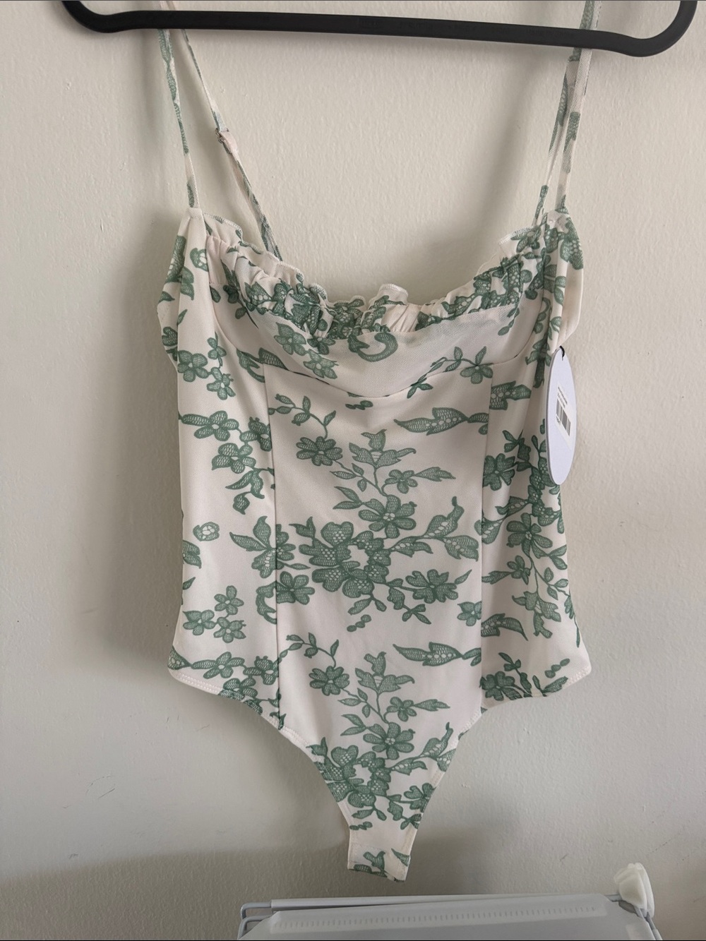 Princess Polly White Bodysuit with Green Floral Print Cowl Neck